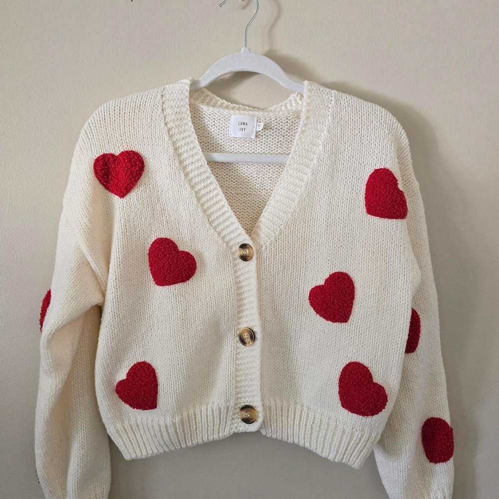 Luna Ivy cream heart cardigan sweater size S